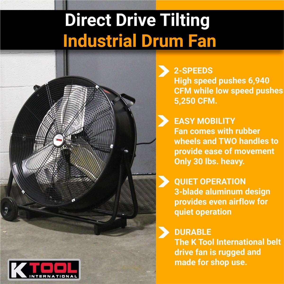 K Tool International 77741 24” Belt Drive Drum Fan with Wheels, High-velocity, 2-Speed, Cut-off Protection, 7850 Max CFM, cUL listed, Used in Warehouses, Shops, Greenhouses, Barns, Gyms, Black