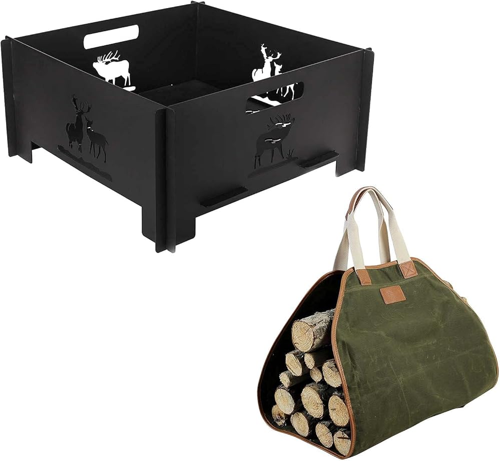 Portable Plug Fire Pit and Canvas Log Carrier Bag, Heavy Duty Outdoor Living FirePit and Waxed Durable Wood Tote