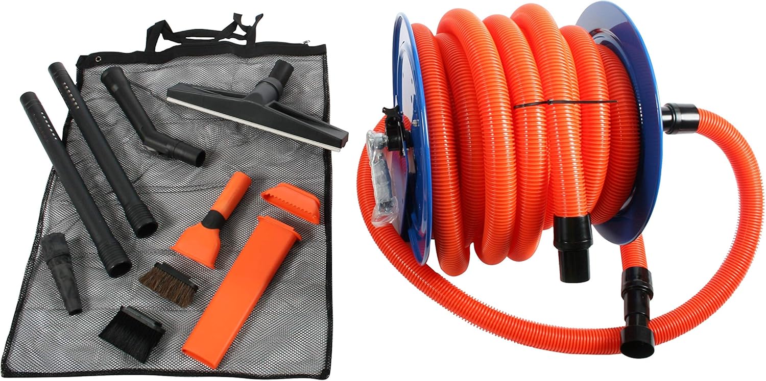 Cen-Tec Systems 94082 Industrial Steel Reel and Attachment Kit with 50 Ft. Hose for Shop Vacuums, Orange