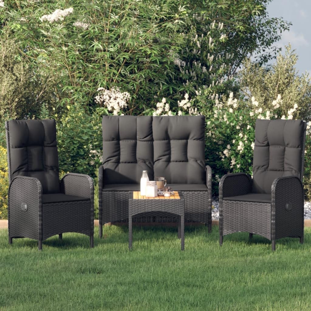4 Piece Patio Dining Set with Cushions Black Poly Rattan Garden Furniture