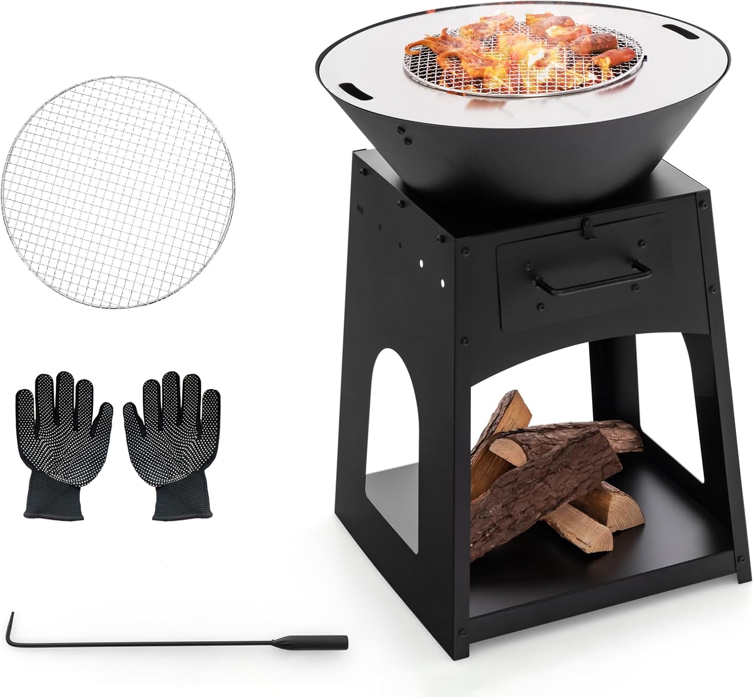 Giantex Outdoor Fire Pit with Grill, Heavy Duty Wood Burning Fire Pit w/Fire Poker, Gloves, Grilling Rack, Large Storage Compartment, 2-in-1 BBQ FirePit for Outside, Backyard, Patio, Black