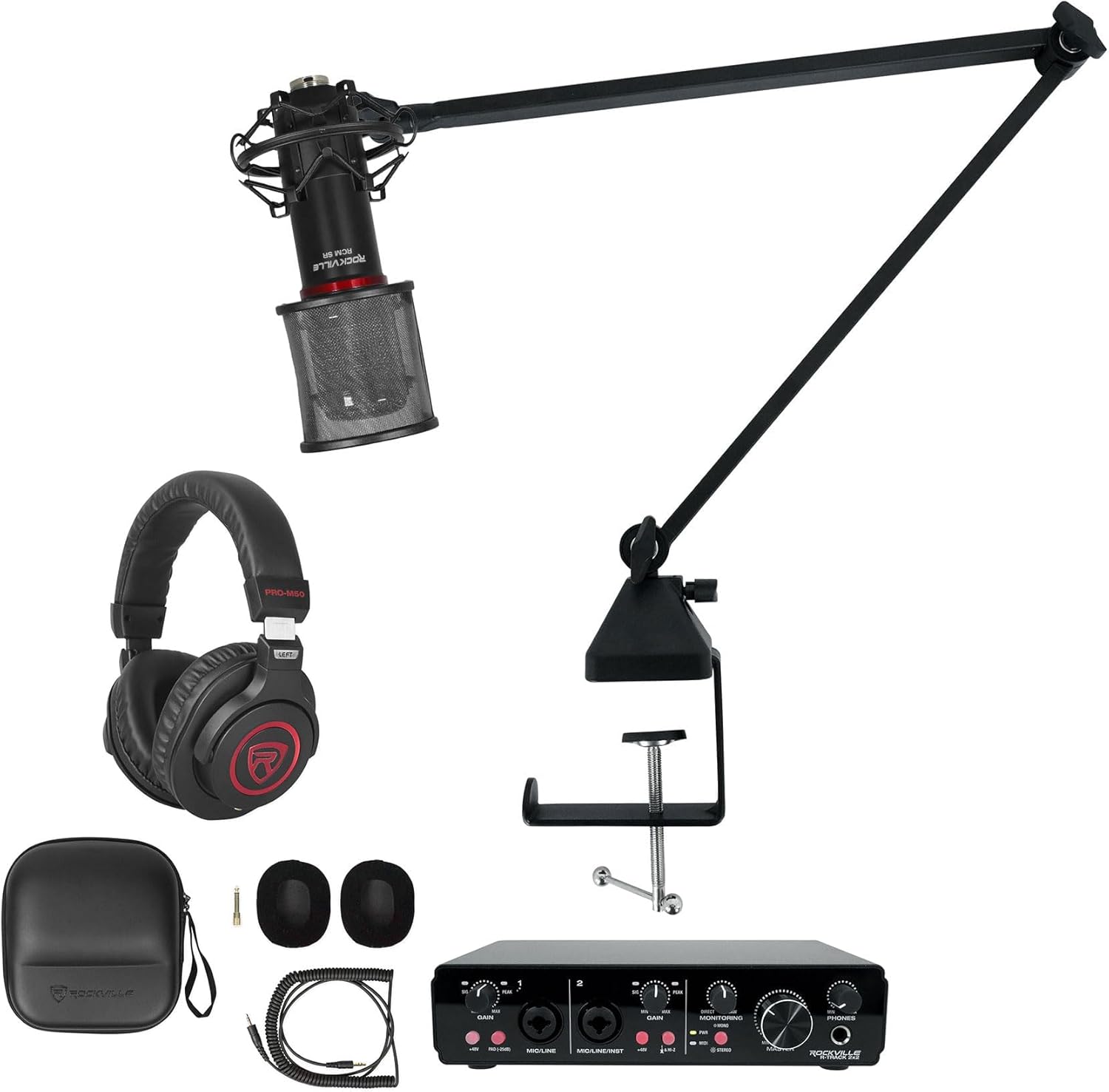 Rockville Bundle: R-TRACK 2x2 USB Computer Recording Interface Bundle with PRO-M50 SR Headphones+R-BOOM 34 34