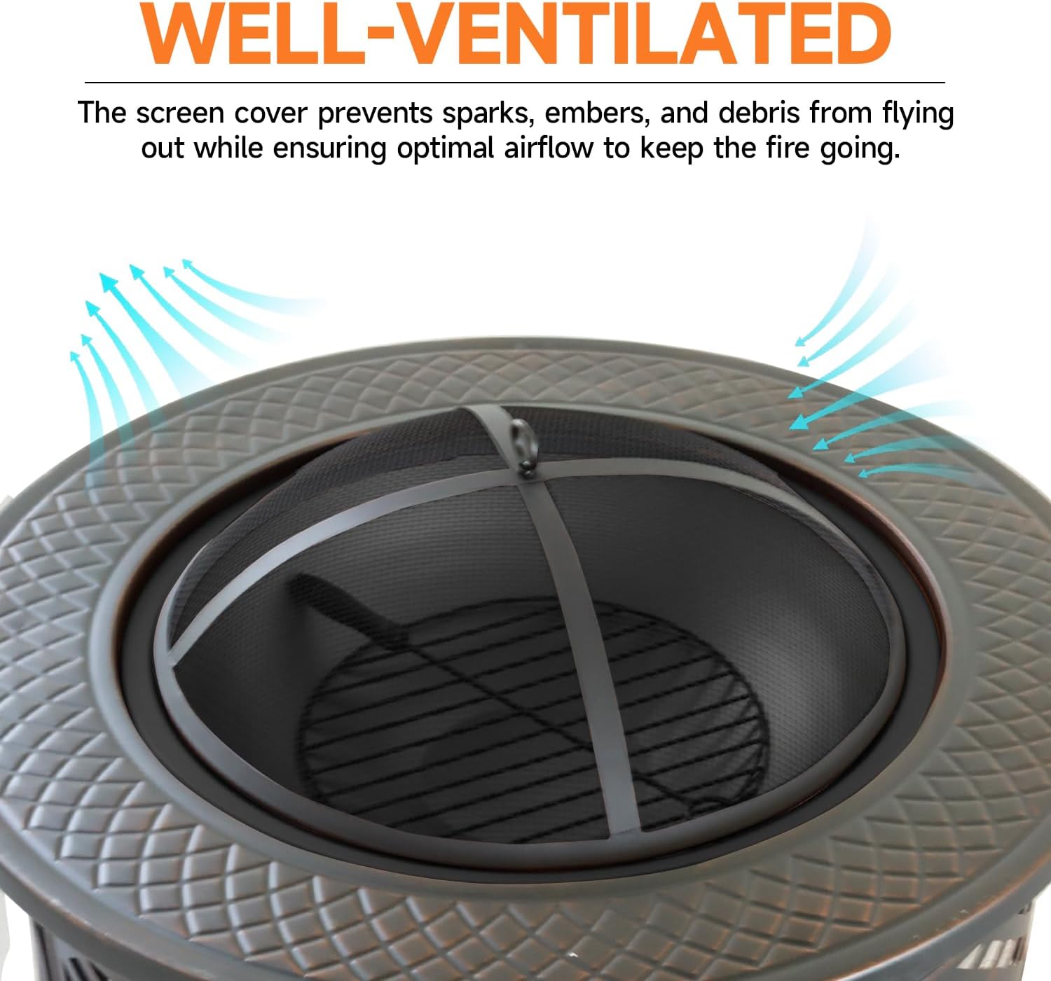 32-Inch Round Fire Pit Table, Metal Wood Burning Fireplace/Firepit with Fire Grate, Spark Screen Lid, Steel Bowl, Poker