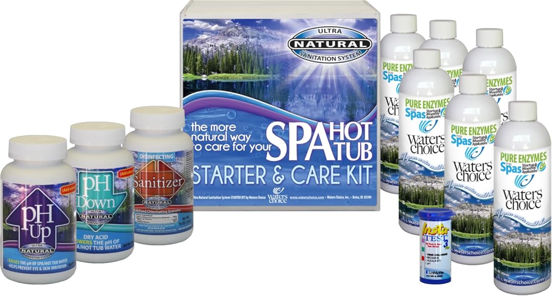 Waters Choice Complete 6 Month Hot Tub Chemicals Starter Kit- Water Clarifier Maintenance Cleaner- Pure Enzymes for Spas, pH Up, pH Down, Sanitizer and Test Strips, No Scum Absorbers Needed