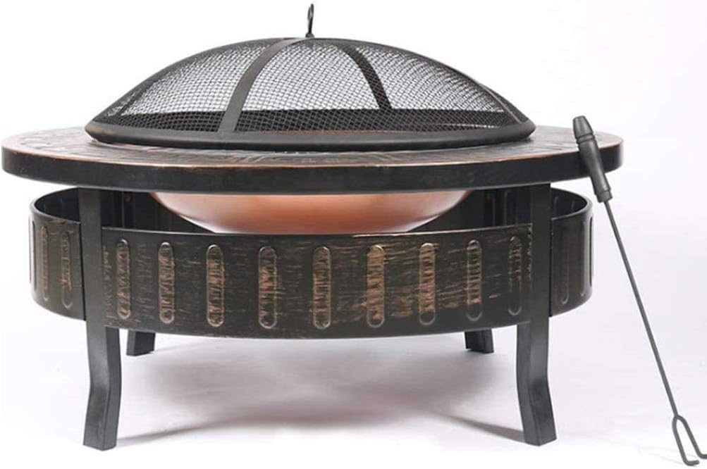Outdoor Metal Firepit Round Table d Patio Garden Stove Wood Burning Fire Pit with Spark Screen, Log Poker and Cover,Outdoor Fire Pits