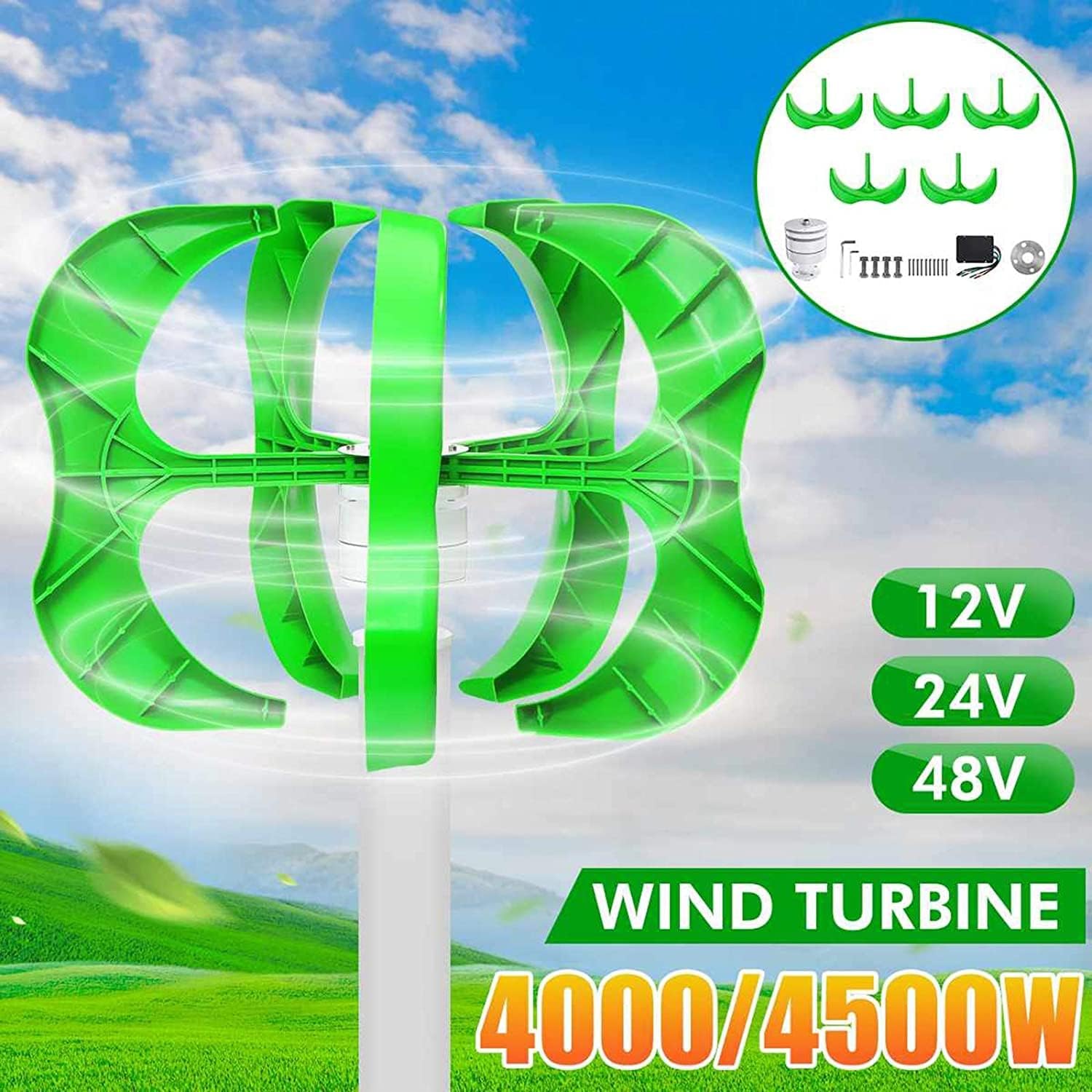 LiuSj JUnSt Lantern Wind Power Turbines Generator 4500W,12/24/48V 5 Blades Generator Lantern Wind Turbines Vertical Axis for Streetlight+Controller