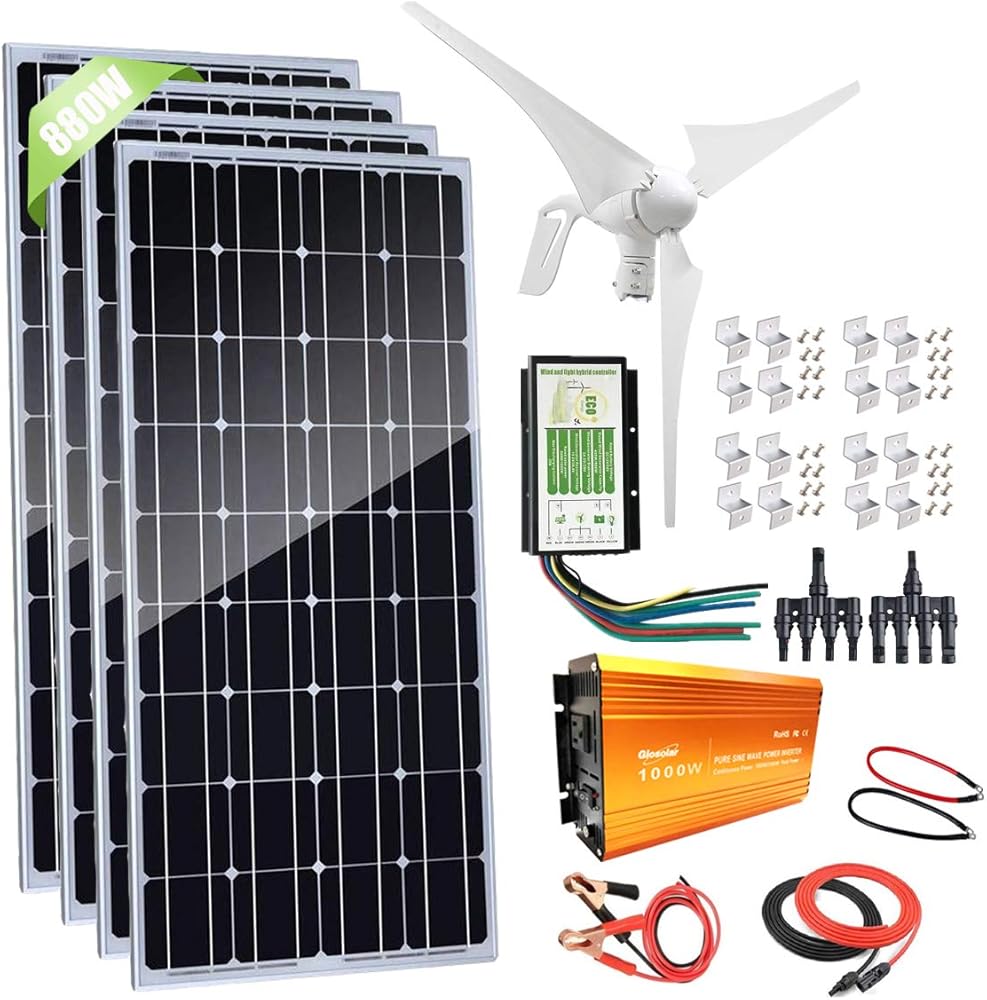 880W Solar & Wind Power Kits Home Off-Grid System for Charging 12V 24V Battery：400W Wind Turbine Generator + 480W Mono Solar Panel + Hybrid Charge Controller+1000W Inverter+Accessory