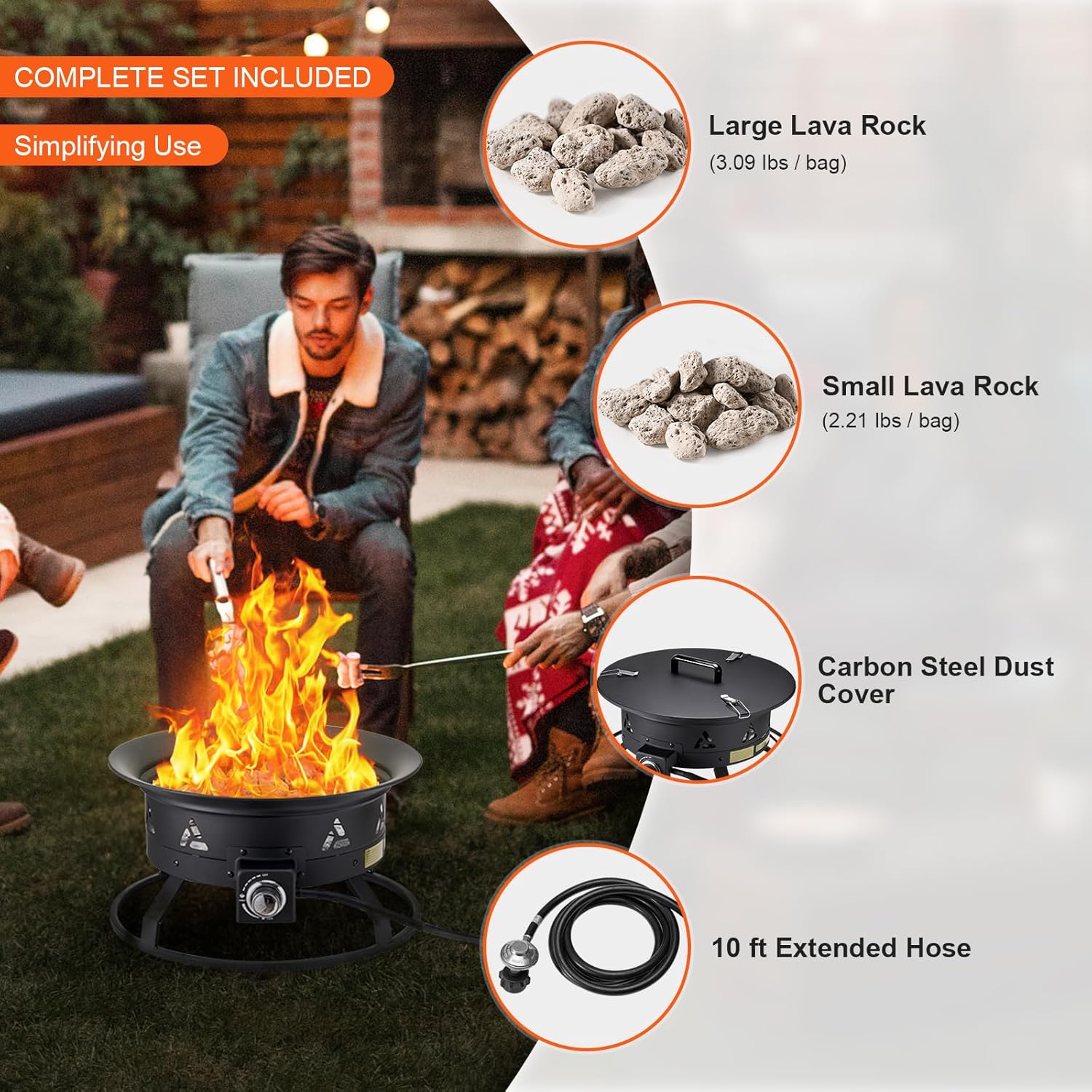 Happybuy Propane Fire Pit, 24-Inch Diameter Outdoor Portable Gas Fire Pit with Cover & Lava Rocks, Adjustable Flame Height Camping Firepit for Heating, Lighting, Gathering, 58,000 BTU, Black