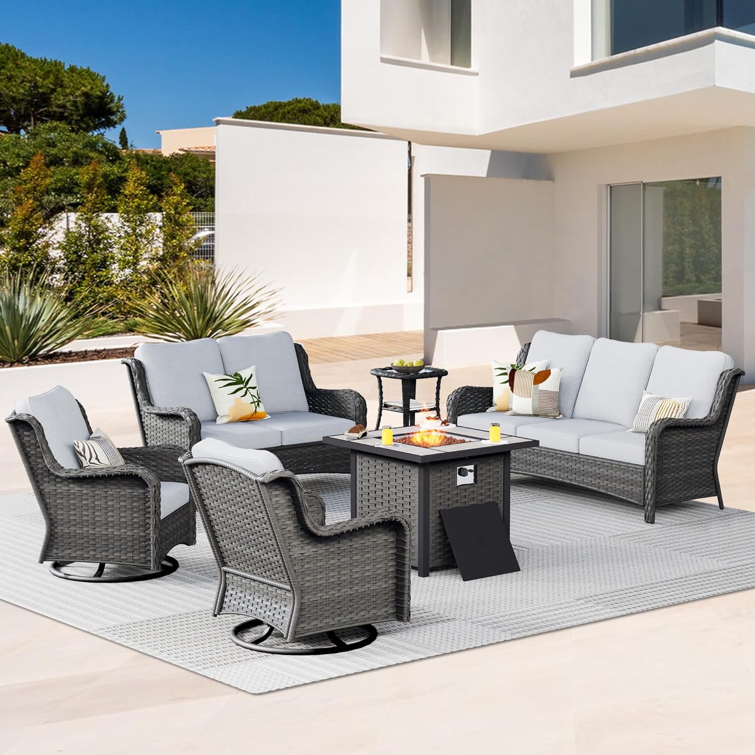 HOOOWOOO Patio Outdoor Furniture Set with Propane Fire Pit Table Swivel Chair,6 Piece High Back Wicker Couch Sofa Set,Outside Weather Resistant Conversation Seating Set w Curve Arm(Light Gray)