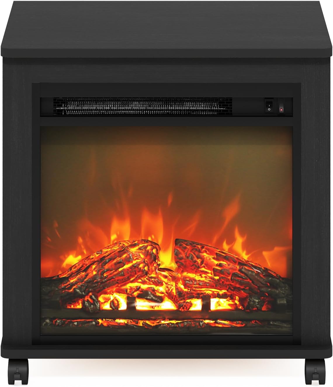 Furinno Jensen Side Table, Fireplace End Table with Wheels, Electric Fireplace Night Stand, Bedside Table, for Living Room, Bedroom, Americano