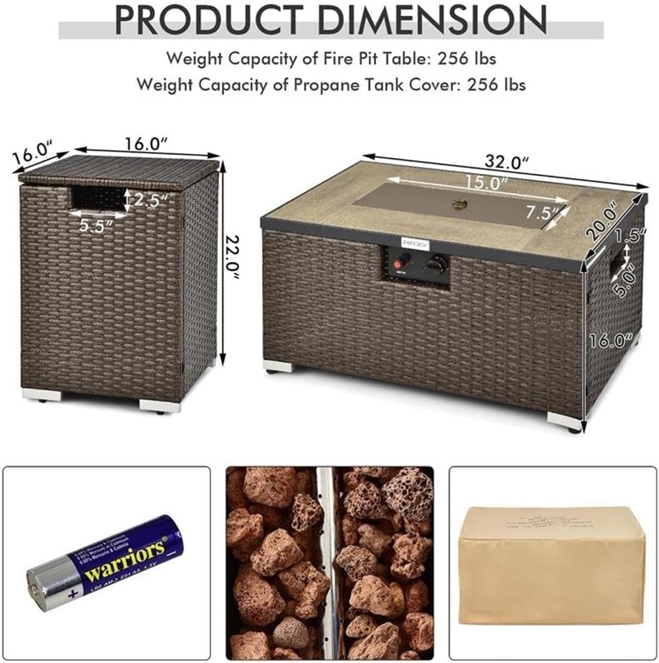 Pemberly Row 32''x 20'' Propane Fire Pit Table Set w/Side Table Tank Brown