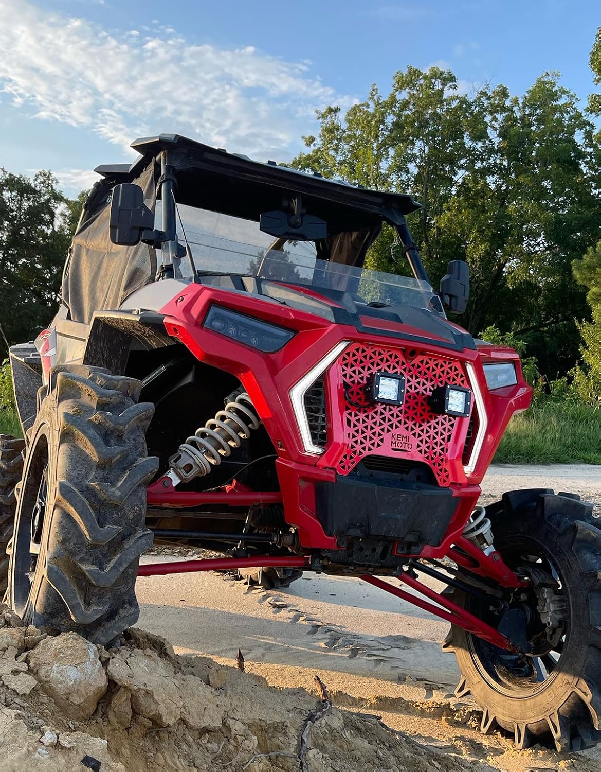 KEMIMOTO UTV Metal Front Grill Light Compatible with 2019-2023 Polaris RZR XP/XP4 1000/1000 S/Turbo/Turbo S, Red Mesh Grille with Waterproof LED Light Bar Accessories Replace 5455433-070