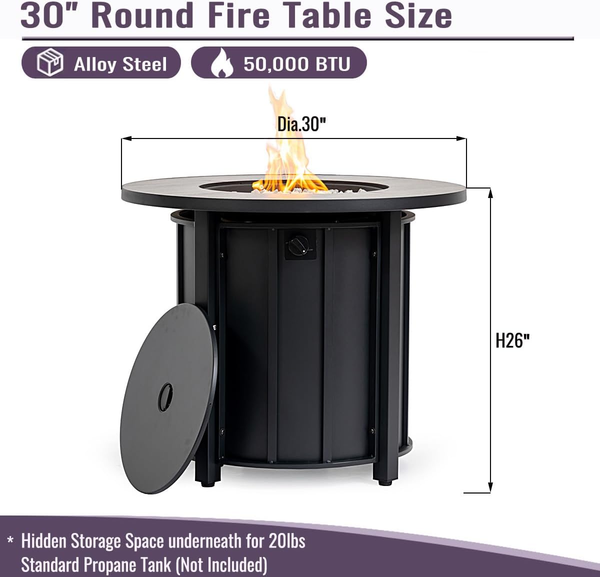 30 Inch Outdoor Fire Pit Table, 50000 BTU Round Steel Propane Fire Pit with Wood Grain Ceramic Tabletop Wide Top Surface, Smokeless Fire Pits for Outside Patio, Garden&Backyards Heating, Coffee Table