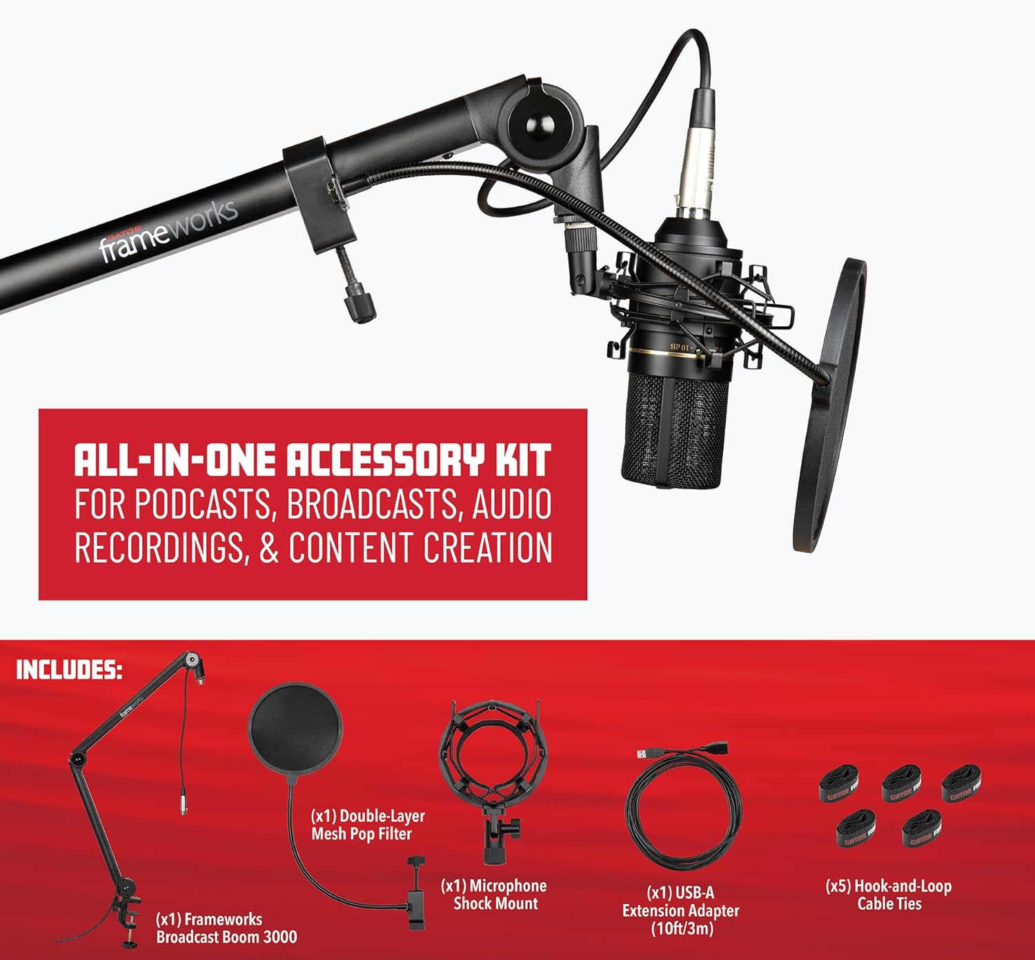 Gator Frameworks All-in-One Accessory Kit for Podcasts, Broadcasts, & Content Creation; (GFW-BROADCASTKIT1)