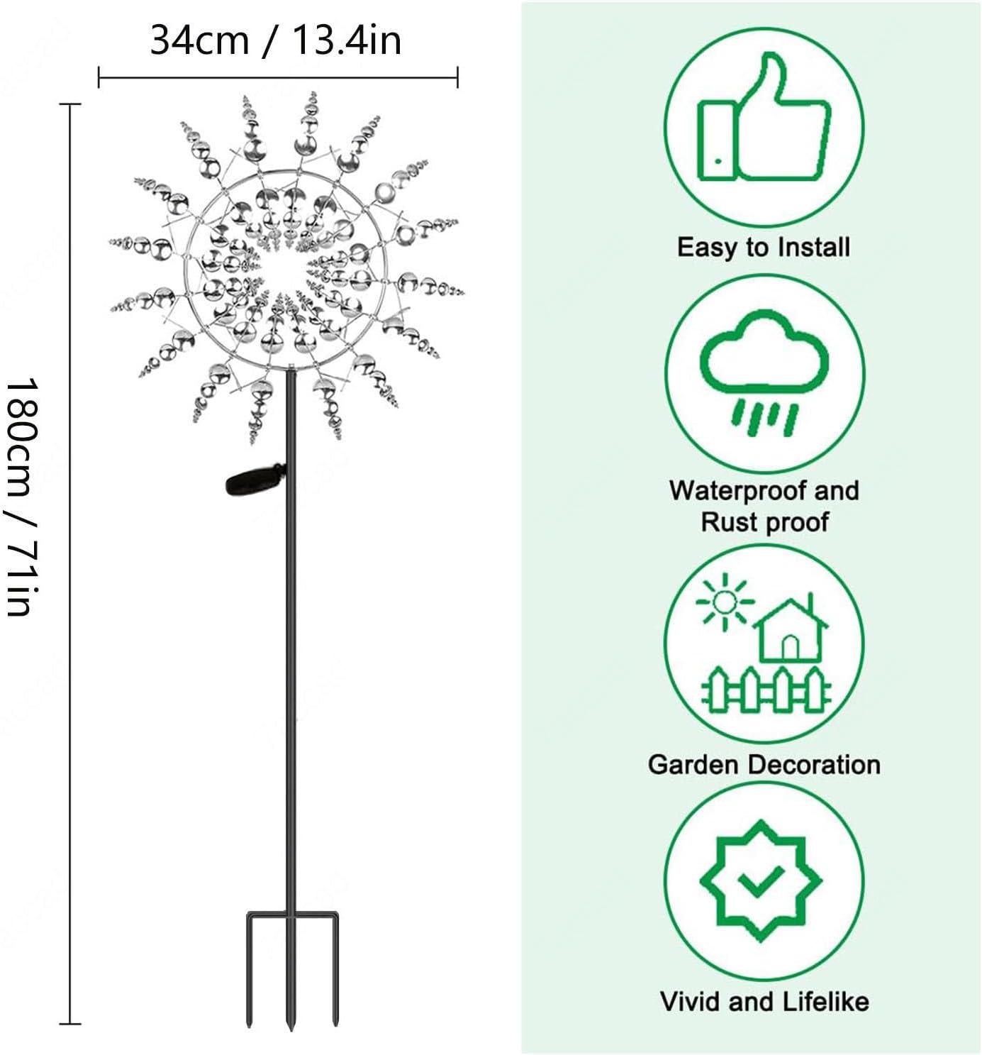Solar Magical Metal Windmill, Backyard Spinners 360° Wind with Kinetic, 13.4 x 71in Windspinner,Gold