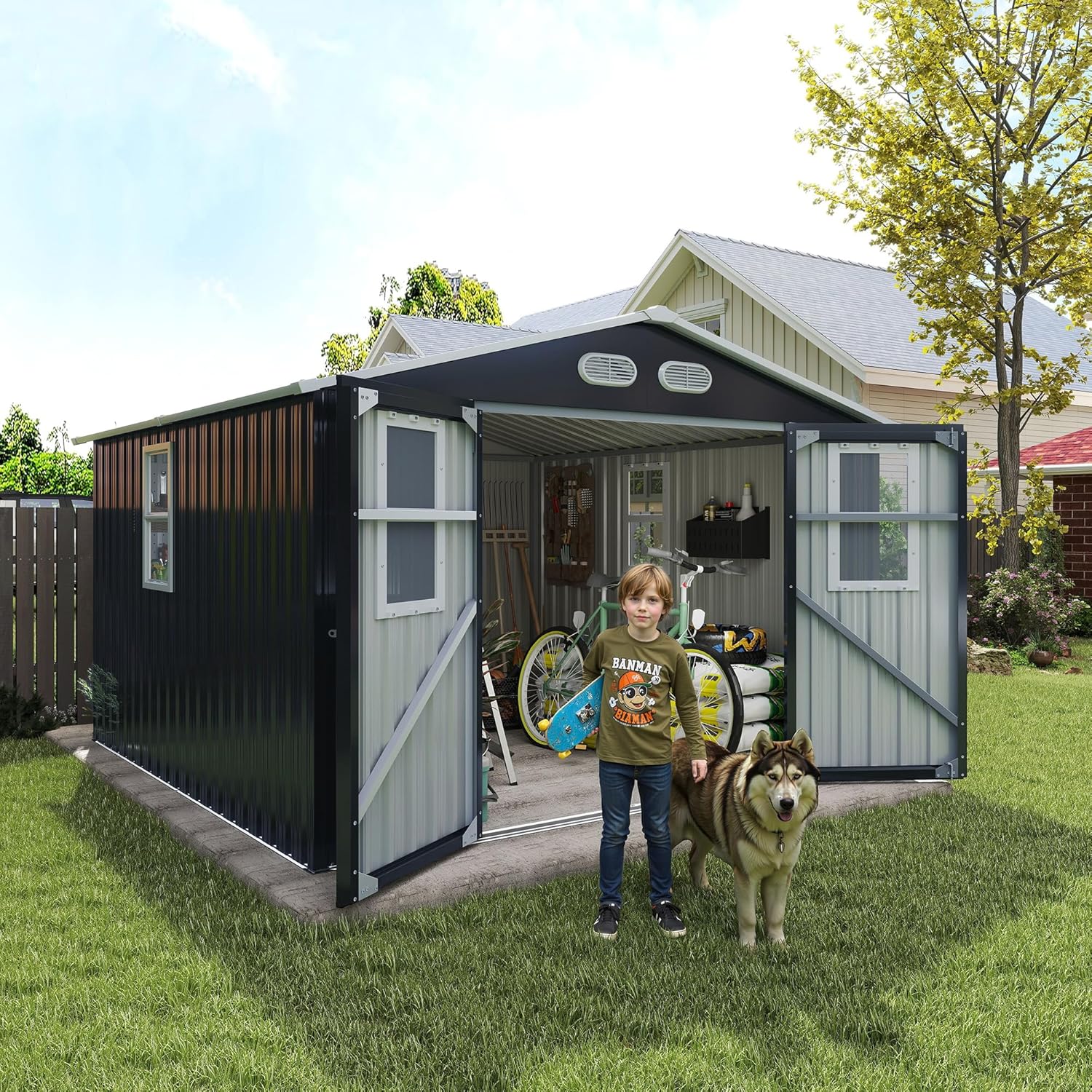 8x8 SF Outdoor Storage Shed,Metal Shed with Lockable Doors & 4 Daylight Windows,Garden Tool Shed w/Air Vents & Sloped Roof, Ideal for Backyard,Patio,Lawn,Dark Gray