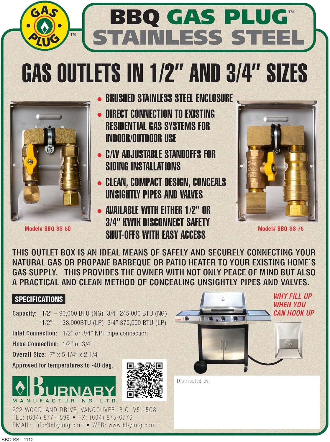 Manufacturing Ltd BBQ Gas Outlet, 3/4
