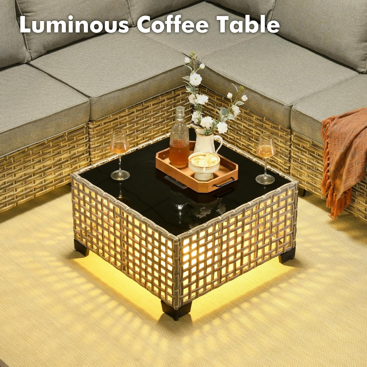 Weaxty 10 Pieces Outdoor Patio Furniture Set with Swivel Rocking Chair, Outdoor Sectional Sofa Couch Wicker Modular Patio Conversation Set w/42 Fire Pit and Coffee Side Table,Dark Gray