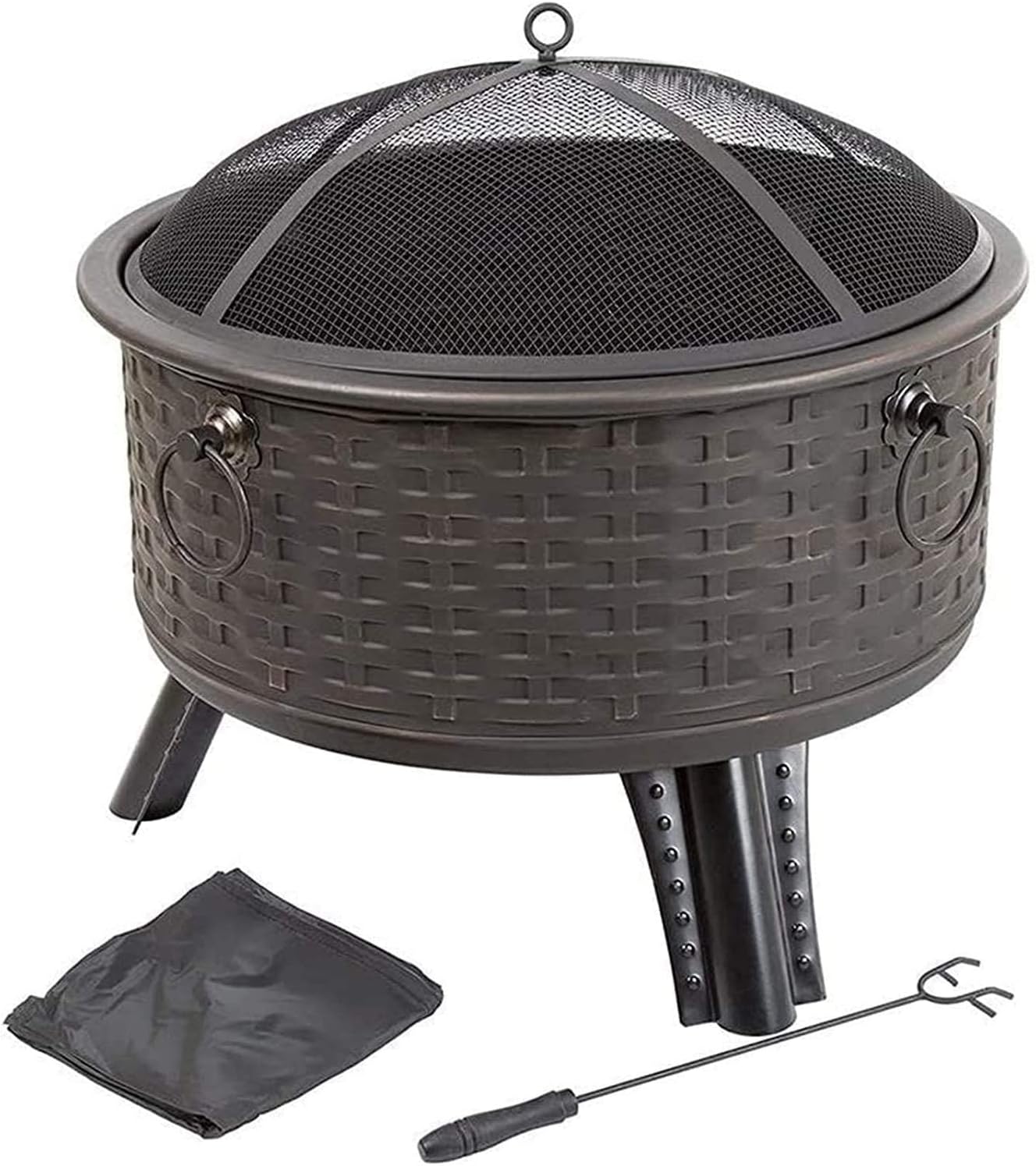 Outdoor Fire Pit, Wood Burning Fire Pit with Spark Screen, Steel Fire Pit, Fire Pits for Outside, Bonfire, Party, BBQ, Patio & Garden, Black