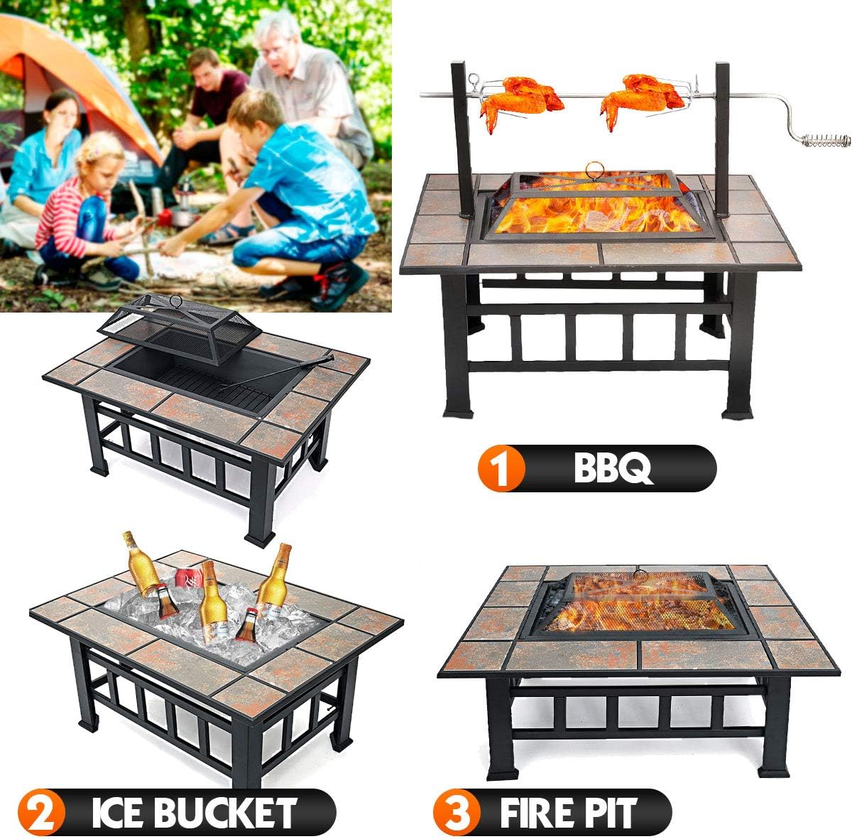 SINGLYFIRE 37 Inch Fire Pit Table with Grill for Outside Large Square Wood Burning firepit Heavy Duty Steel Bonfire Pit Cooking with Spark Screen Log Grate Poker for Backyard Garden Camping