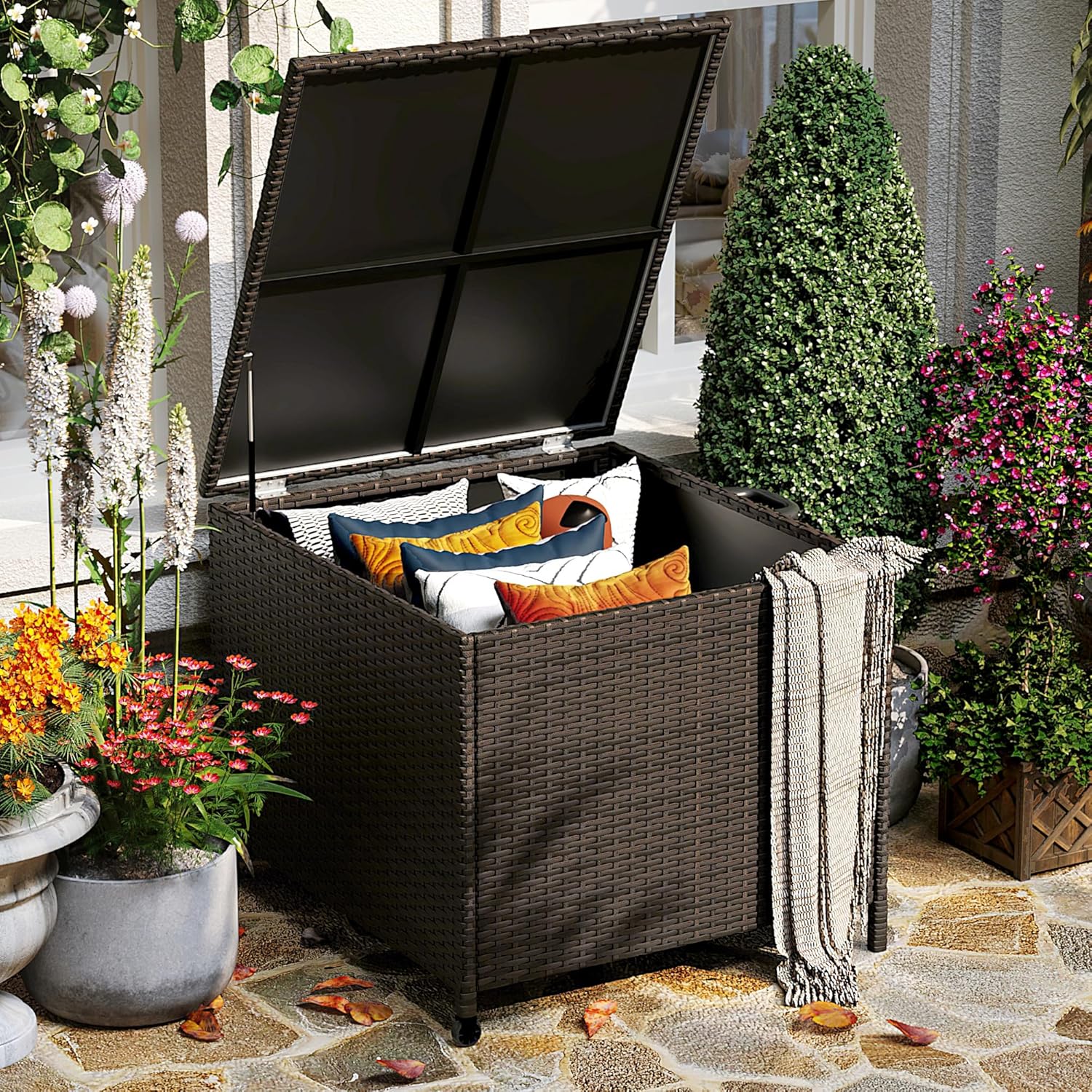 Outdoor Wicker Storage Box, 80 Gallon Large Rattan Deck Box with 2 Wheels and Handle, for Patio Furniture Cushions, Garden Tools, and Pool Supplies, Waterproof and Weather-resistant