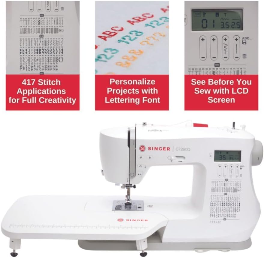 SINGER C7290Q Computerized Sewing & Quilting Machine with Extension Table, 12 Presser Feet & Accessories|417 Stitch Applications, 1-step Buttonhole Styles, Alphabet, LCD & Built-in Needle Threader