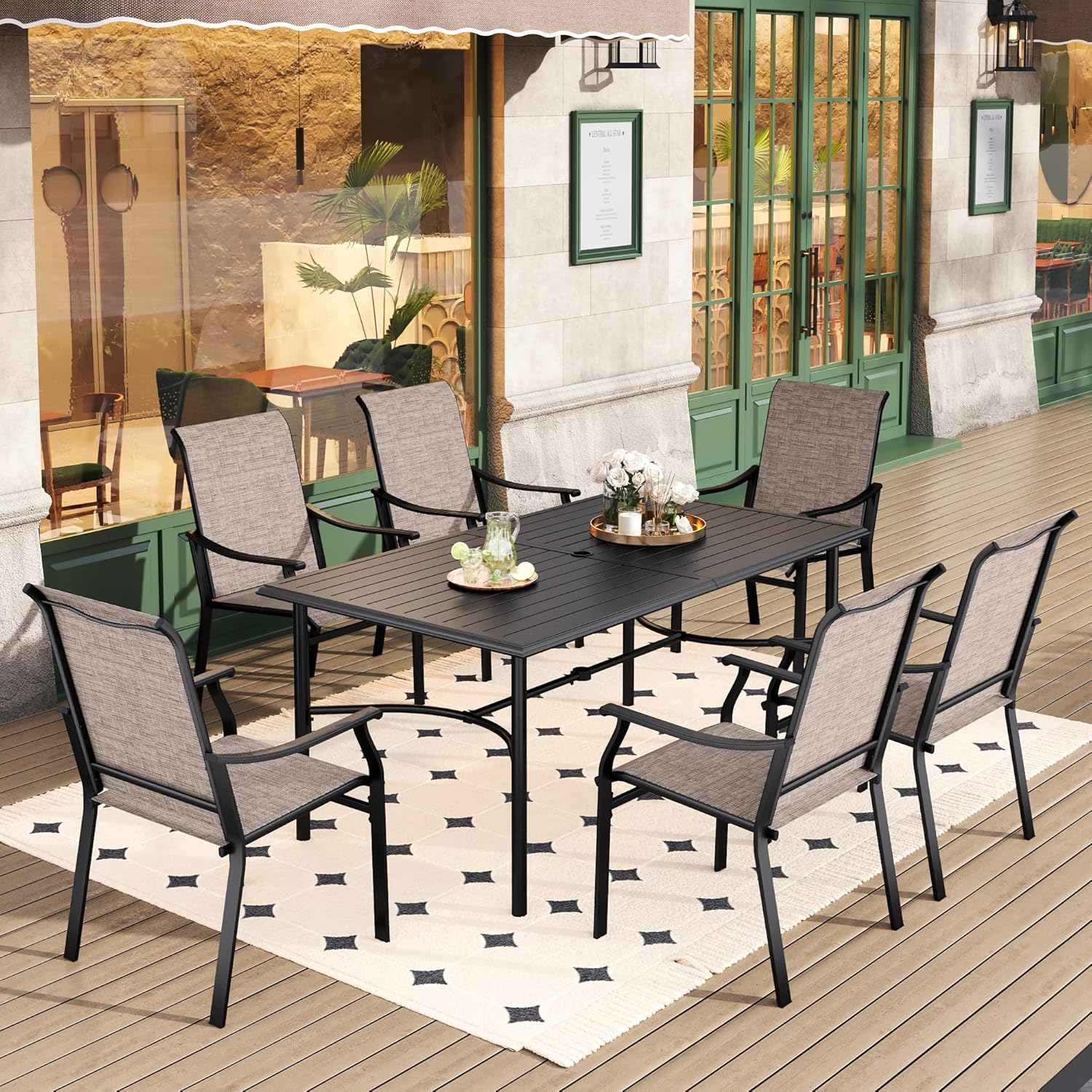 HERA'S HOUSE 7pcs Patio Dining Set, 6 Brown Textilene Chairs and 67