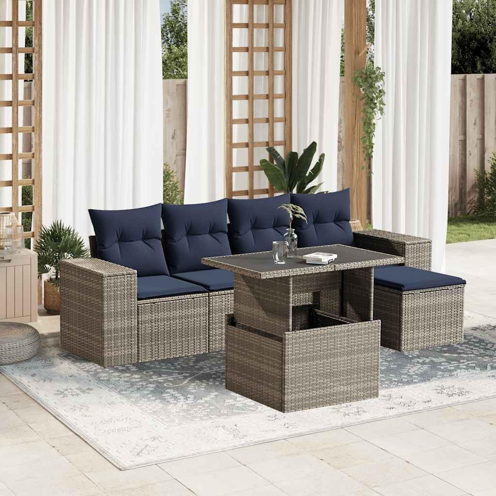 6 Piece Garden Sofa Set, Grey PE Rattan Outdoor Furniture with Cushions, Modular Patio Dining Table Set for Backyard Balcony