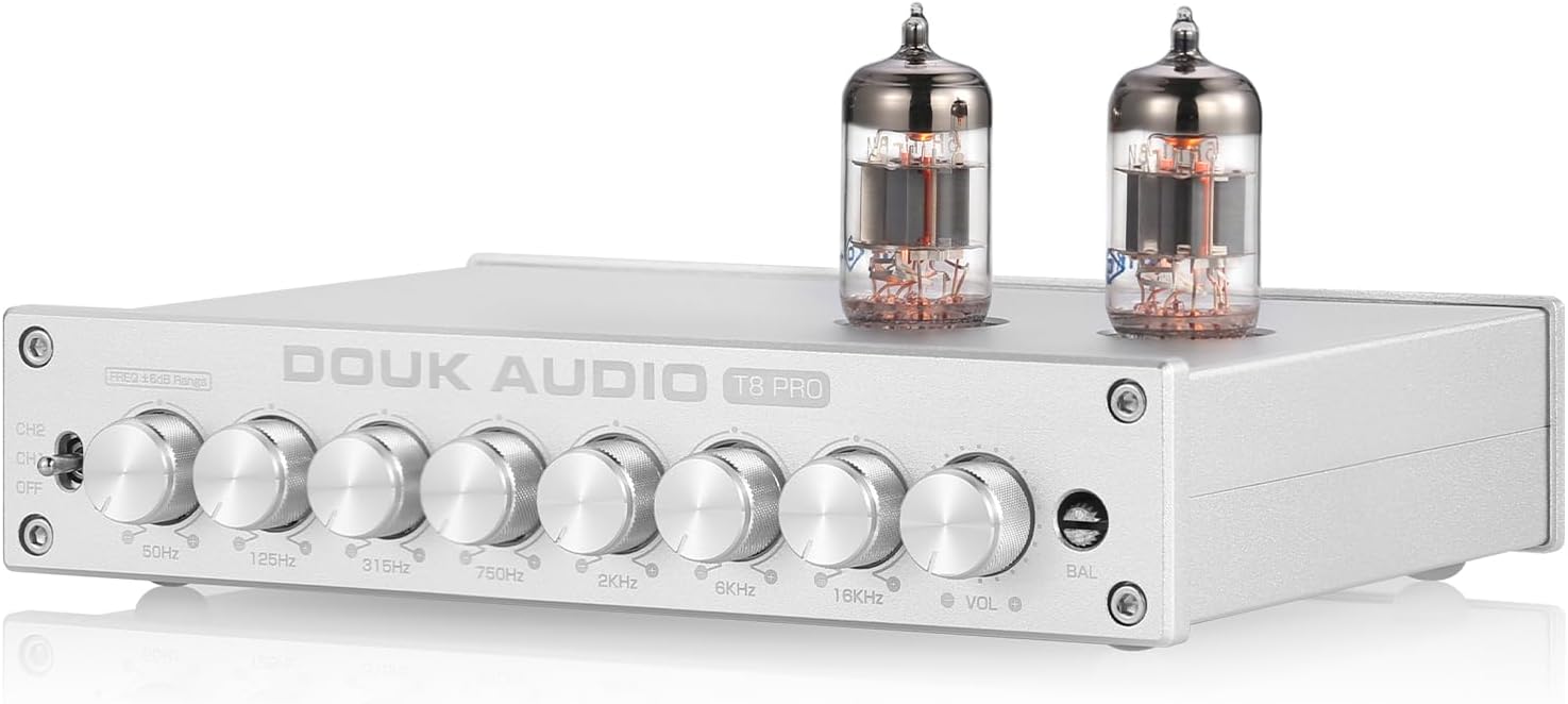 Douk Audio Balanced EQ Preamp: 7-Band Equalizer - Vacuum Tube Preamplifier with XLR RCA Inputs & Outputs - for Home Stereo HiFi System, Amplifiers, Active Speakers (T8 PRO Silver)