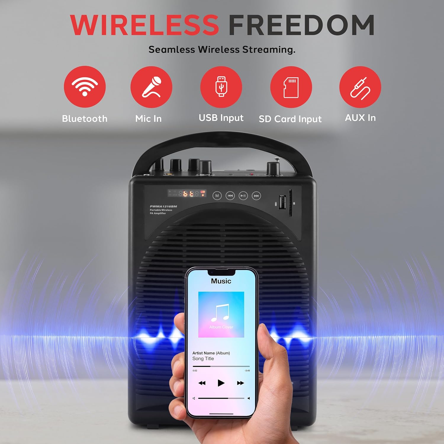 Pyle Portable Outdoor PA Speaker Amplifier System & Microphone Set with Bluetooth Wireless Streaming, Rechargeable Battery - Works with Mobile Phone, Tablet, PC, Laptop, MP3 Player - PWMA1216BM, BLACK