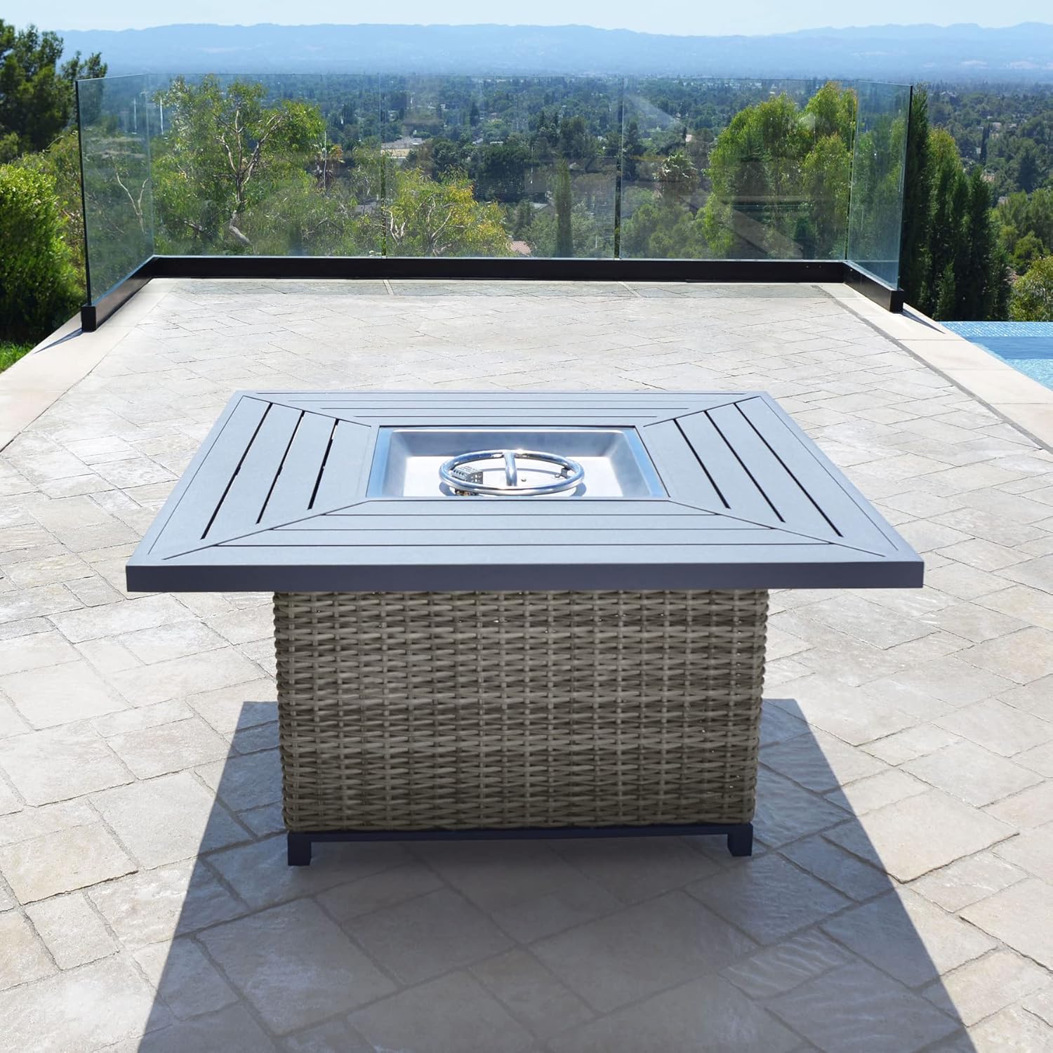 Abbyson Living Corbin Fire Table, Beige Fabric, Beige Frame and Charcoal Top