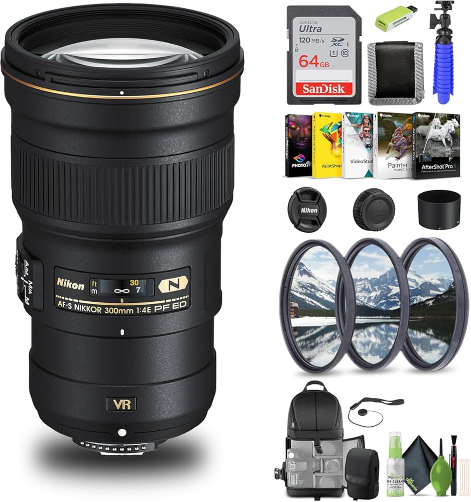 Nikon AF-S NIKKOR 300mm f/4E PF ED VR Lens (2223) + 64GB Memory Card + Filter Kit + Backpack + Card Reader + Corel Photo Software + Flex Tripod + Memory Wallet + Cap Keeper + Cleaning Kit