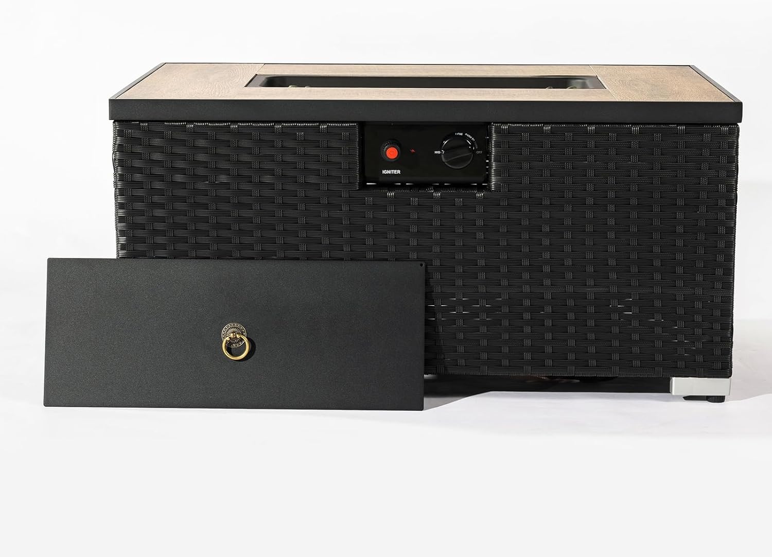 Penau Rattan Fire Pit Table with Propane Tank Holder, Ceramic Tile Top, Rectangular Design for Outdoor Spaces