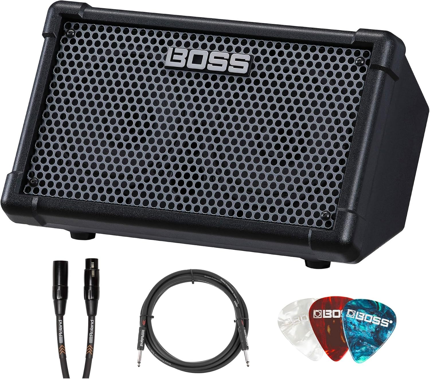 Boss Cube Street II Battery Powered Stereo Amplifier - Black Bundle with Gearlux Instrument Cable, XLR Cable and Roland Picks
