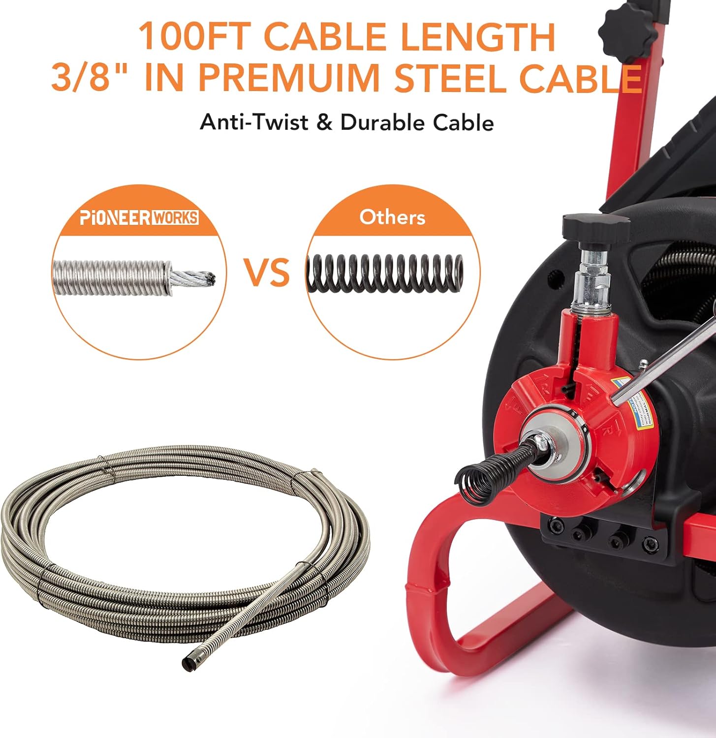 PIONEERWORKS 100Ft x 3/8In Drain Cleaner Machine, Auto-feed Electric Drain Auger Professional 6.8A, Air-Activated Foot Switch, with 6 Cutters, Glove, Drain Auger Cleaner Sewer Snake