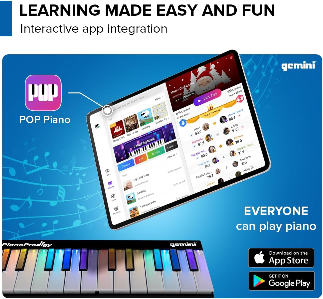 Gemini Sound PianoProdigy 24 Light-Up Keys Bluetooth MIDI Learning Keyboard – Wireless Controller for iOS/Android App (No Built-In Speakers, App Required)