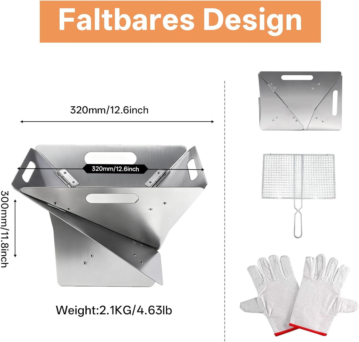 Foldable Portable Fire Pit - Stainless Steel Camping Fire Bowl with 304 Steel Grill Net & Heat-Resistant Gloves - Compact Bonfire Pit for Outdoor BBQ, Patio, Garden & Camping, 16.54 Inch