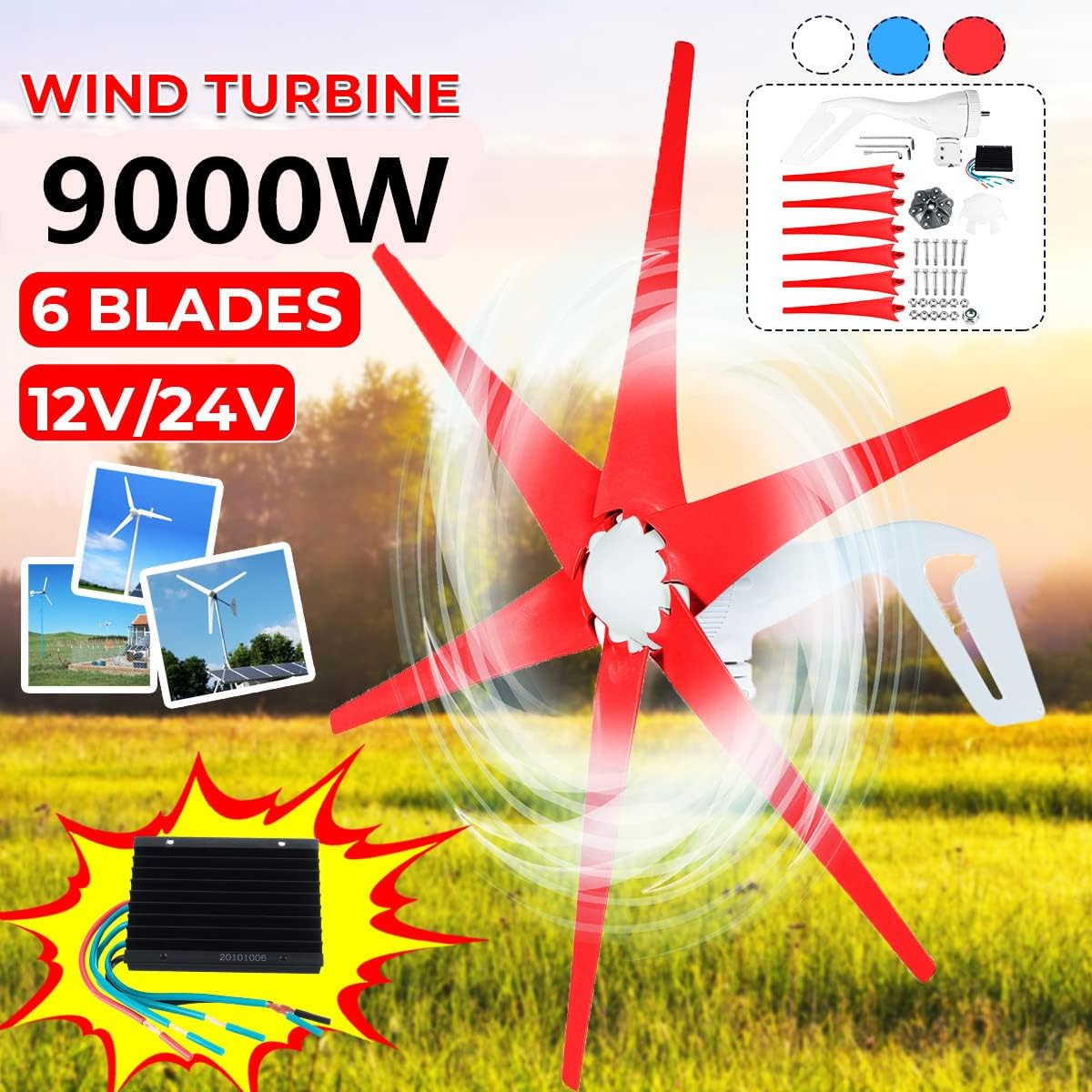 S2 9000W Hoop Type Wind Turbine Generator 6 Blade with Controller Windmill Energy Turbines for Home Street Lamp Boat