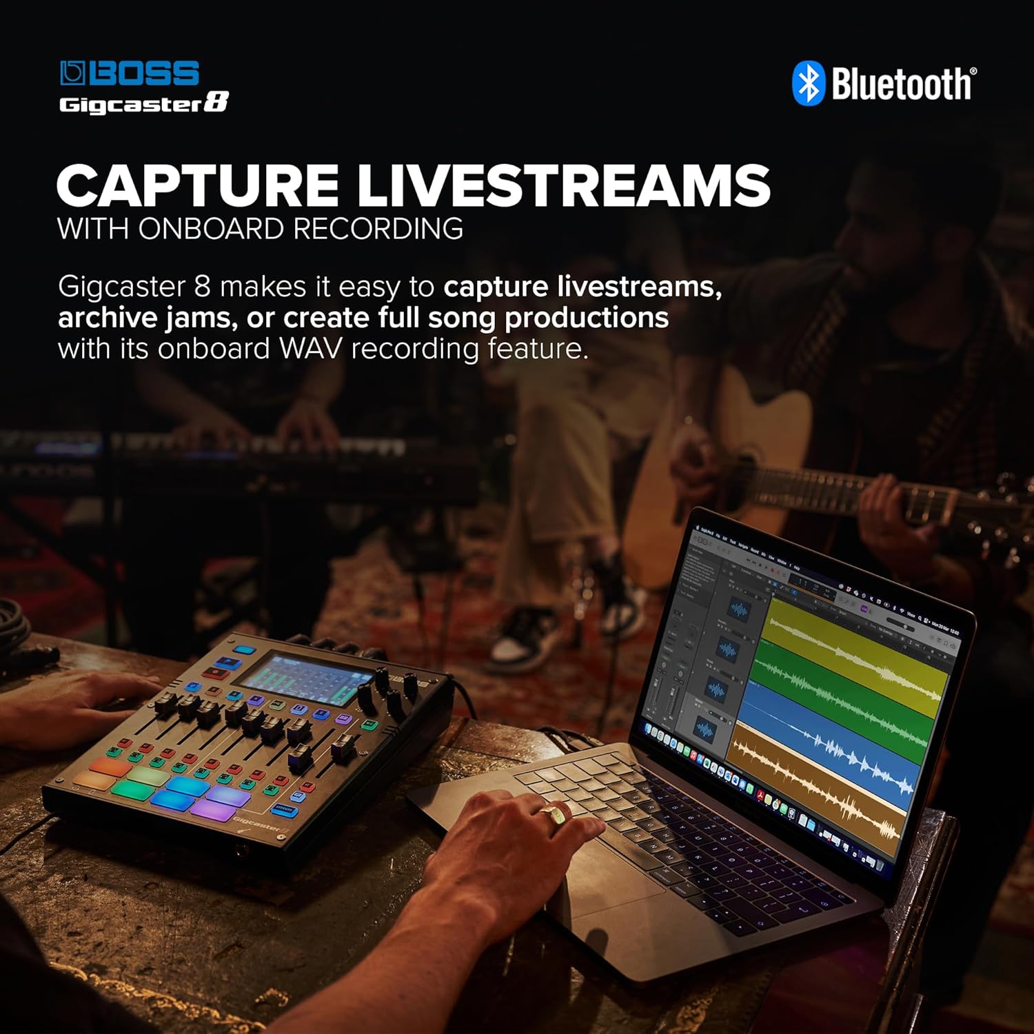 BOSS Gigcaster 8 | 8-Channel Audio Streaming Mixer with Direct Guitar/Bass Input | 4 XLR/TRS Combo Inputs | Built-In Stereo Mic | 8 SFX Pads | 20x14 USB Audio Interface | Onboard Recording