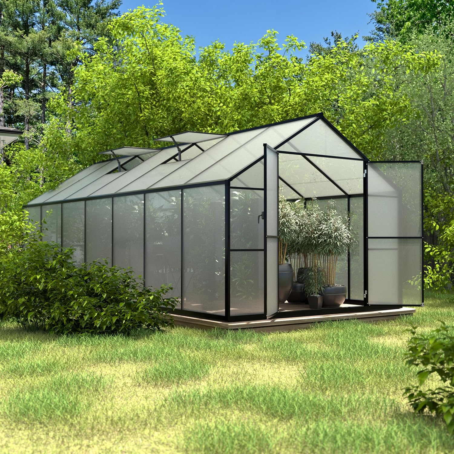 VEIKOU 8 x 14 FT Greenhouse with Aluminum Frame, Greenhouses for Outdoors with 2 Vents, Lockable Doors, Polycarbonate Panels, Walk-in Green House for Winter, Garden, Yard, Hobby, Grey