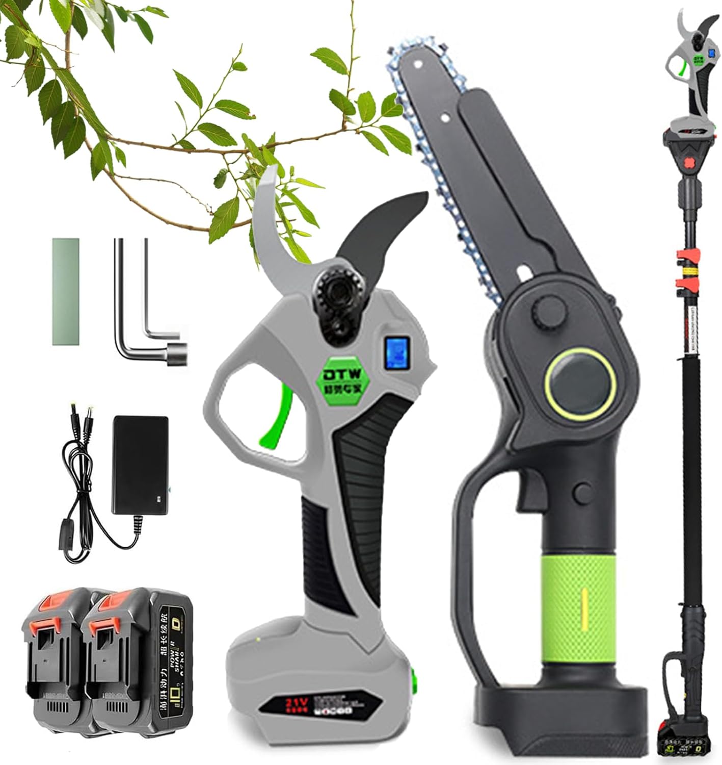 3-in-1 Pole Saw & Pruning Shears Combo Kit 6 Inch Mini Chainsaw for Tree Trimming Cordless Secateurs with Extension 2 Battery Trimmer Limb Branch Cutter Pruner Scissors