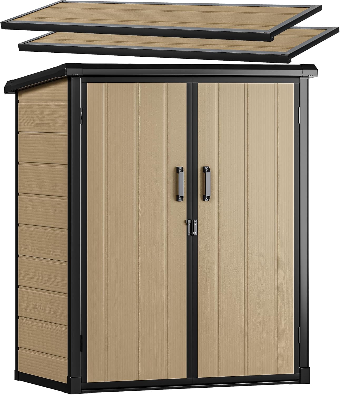DWVO 52 cuft Outdoor Storage Shed with 2 Shelves, 4.2x2.6x5ft Vertical Tool Shed with Floor & Lockable Doors, Sturdy Double-Wall Plastic Cabinet for Garbage Cans and Garden Equipment (Brown)