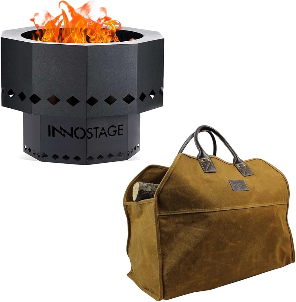Heavy Duty Wax Canvas Log Carrier Tote and Patented Smokeless Fire Bowl Pit