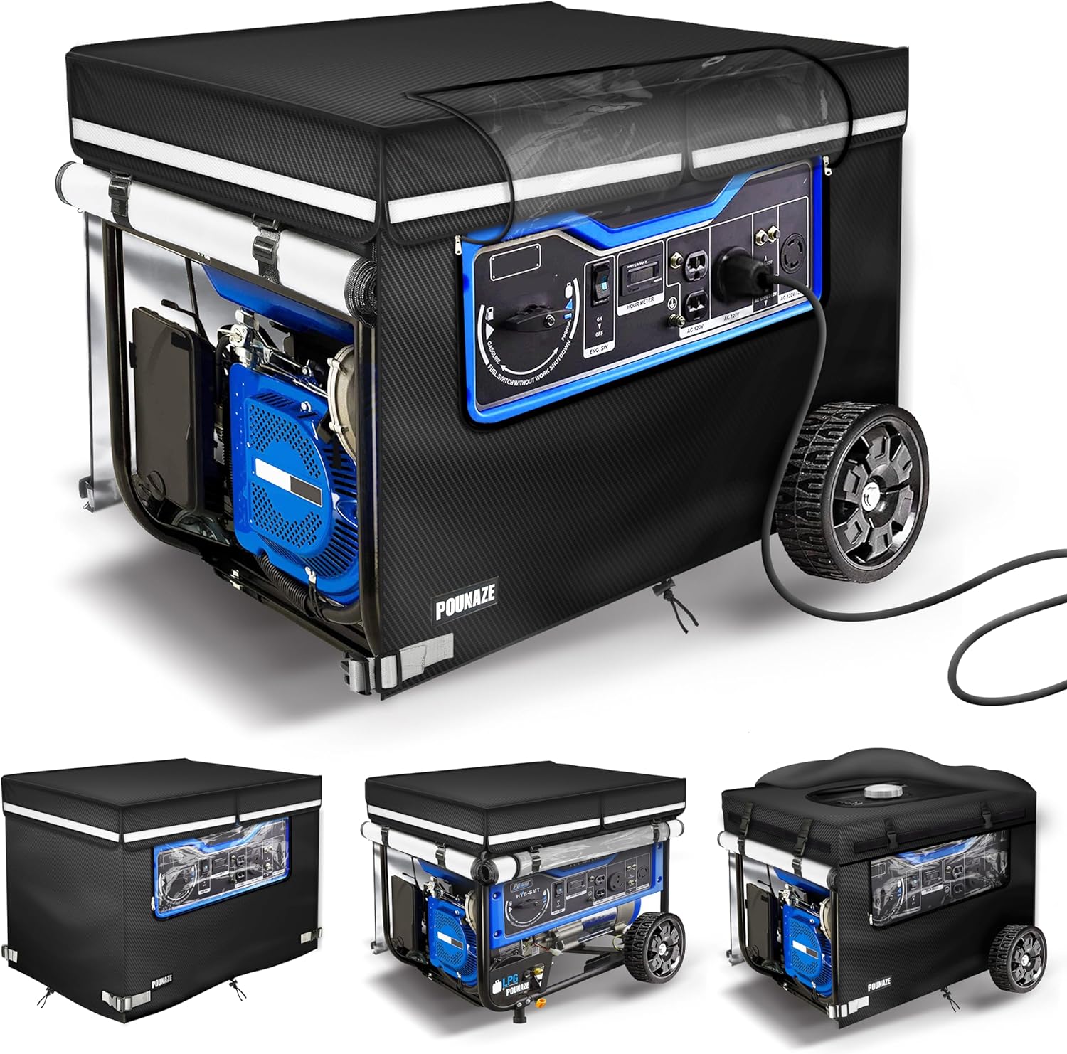 Running Generator Covers. Generator Cover Measures 38''L×28''W×27''H. Double-layer Fabric. Side Access to Control Panel and Top Access to Add Fuel. Fits Most 5,000-15000 Watt Generators, Black.