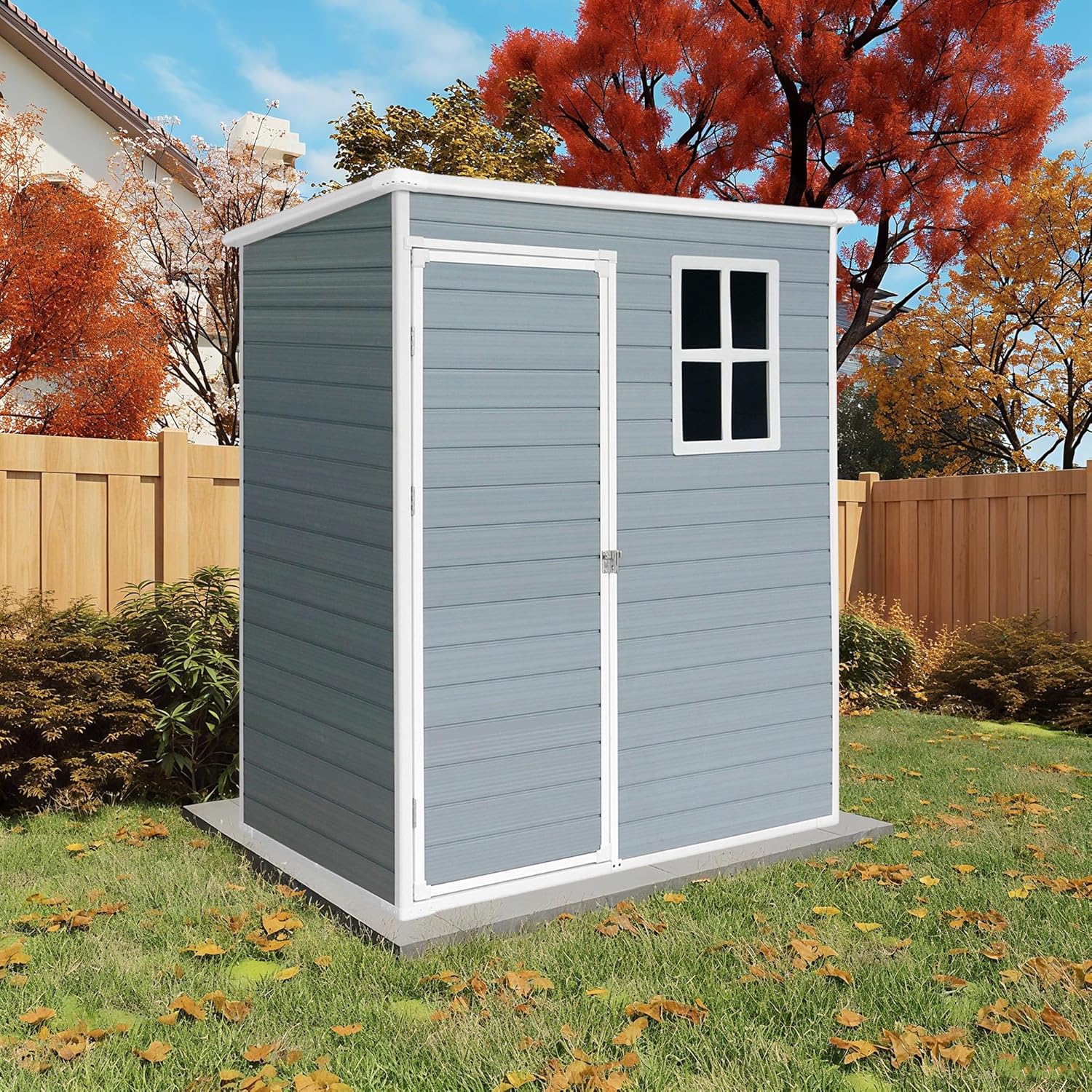 5x3 ft Resin Storage Shed with Floor and Window, Sloping Roof Outdoor Shed with Lockable Door, Waterproof Plastic Tool Sheds for Garden, Patio, Backyard, Yard, Lawn, Grey