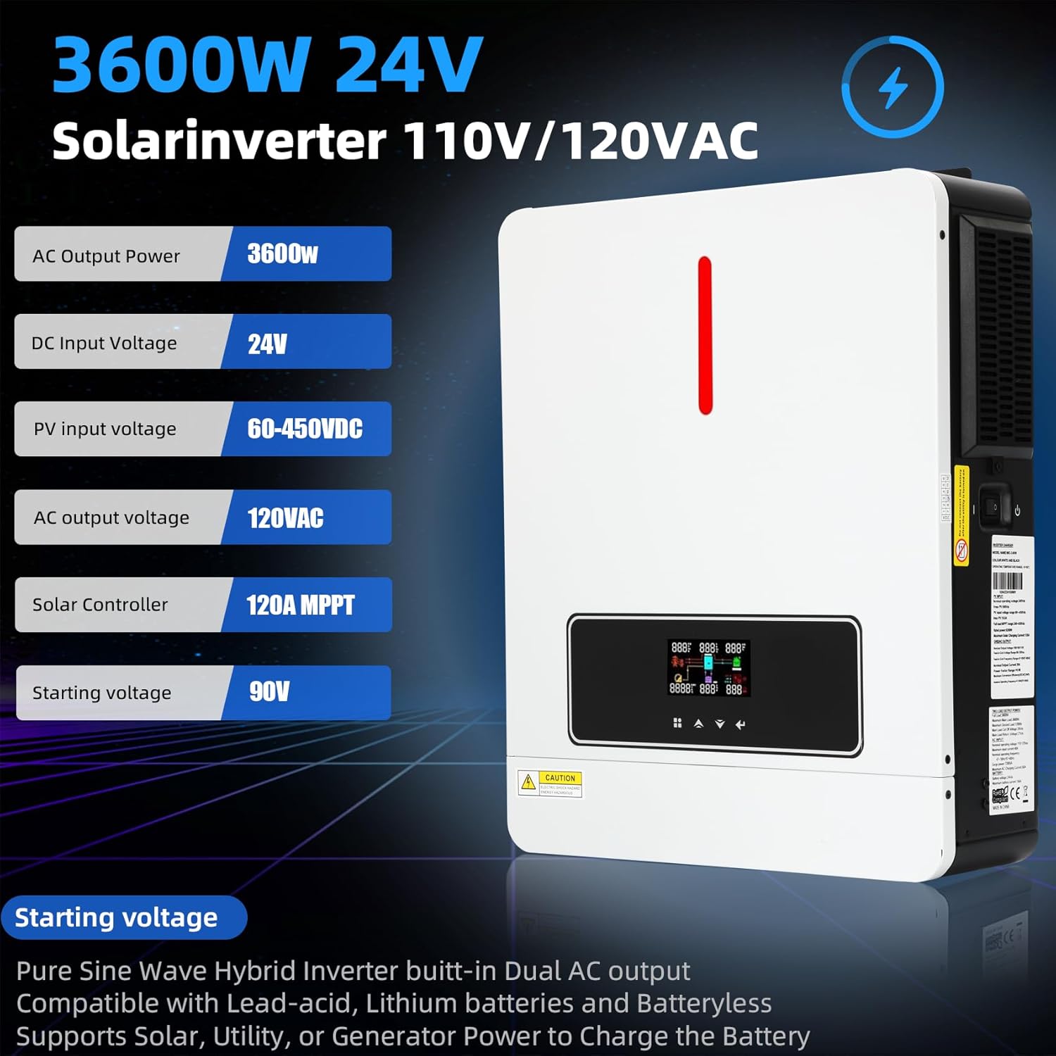 3600W Solar Inverter 24VDC to 110V/120VAC, All-in-One Pure Sine Wave Hybrid Solar Inverter with 120A MPPT Charge Controller, Ideal for Home & Outdoor Use