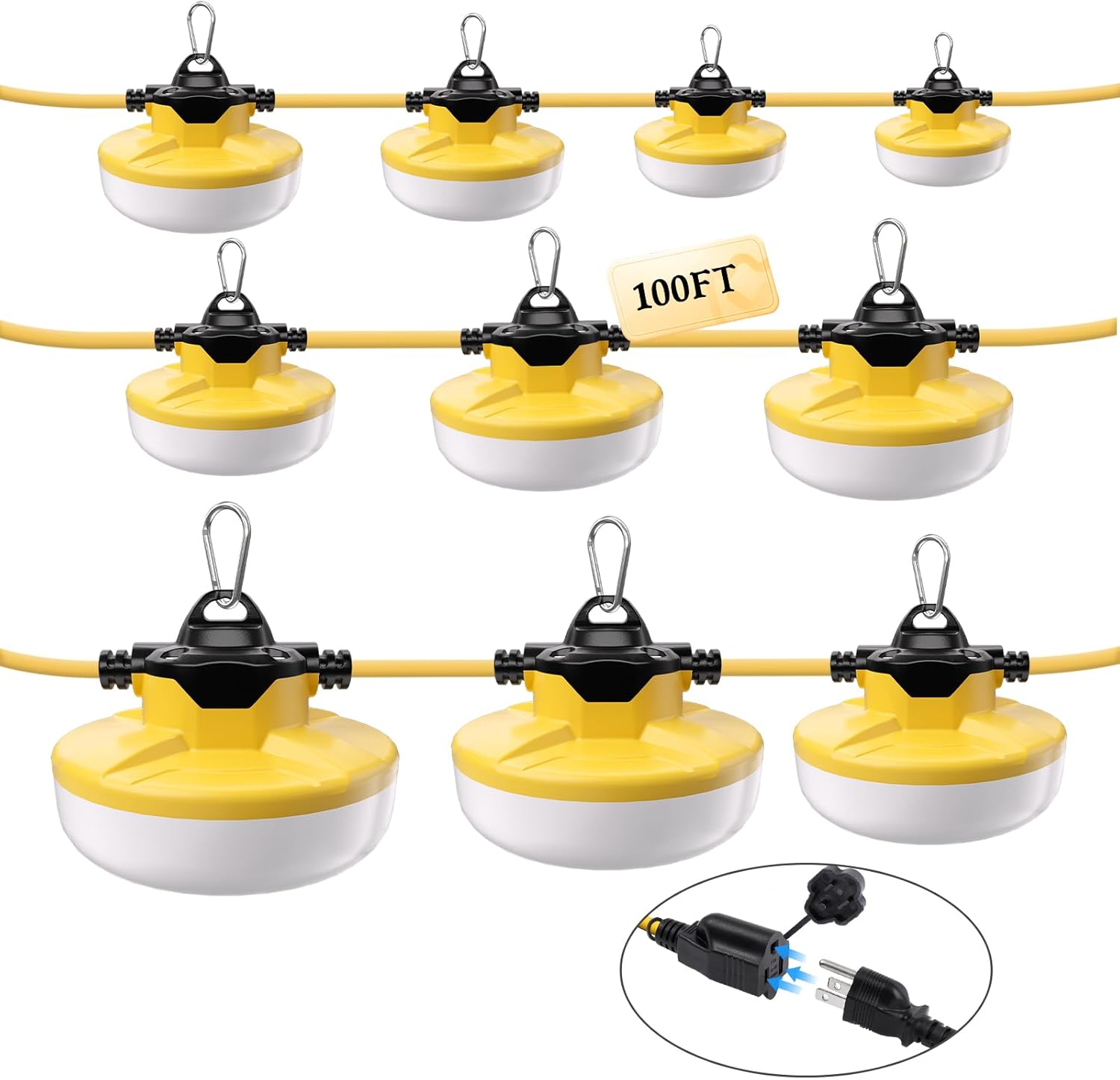 YXL Construction String Lights, Industrial String Work Lights, IP65 Waterproof Super Bright for Construction Sites Temporary Work Jobsites Outdoor Lighting（Flat） (100FT-130W-3Prong)