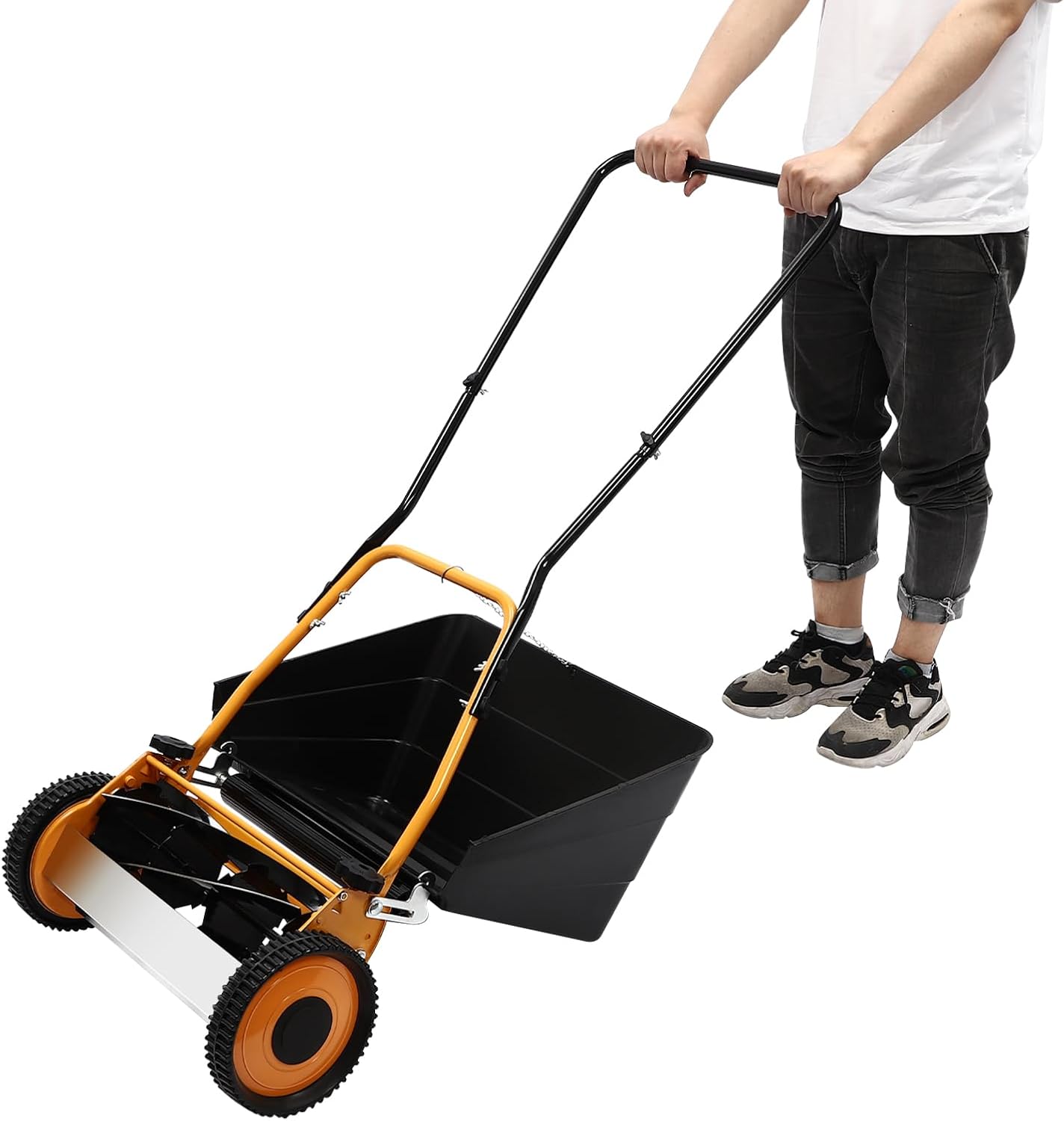 16-Inch Manual Reel Mower w/Adjustable Cutting Height, Removable Grass Catcher with Sharp Four 5-Edged Blades and 2-Wheels