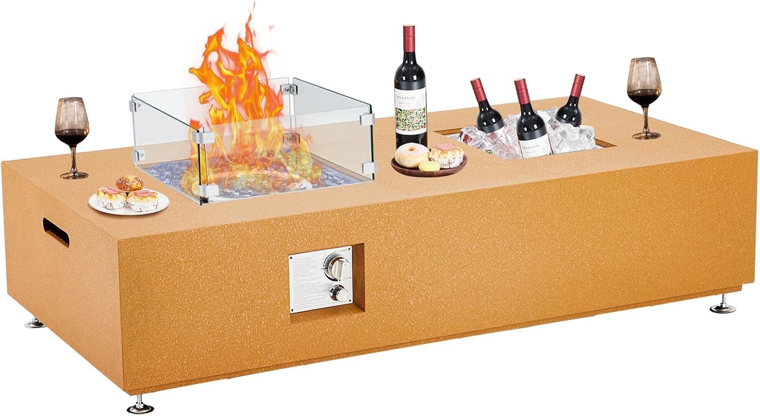 56 Inch Propane Fire Pit Table with Wind Guard, Glass Beads, Rain Cover, Sturdy Steel Anti-Rust Finish, CSA Safety Certified Outdoor Firepit for Patio Yard Garden Yellow