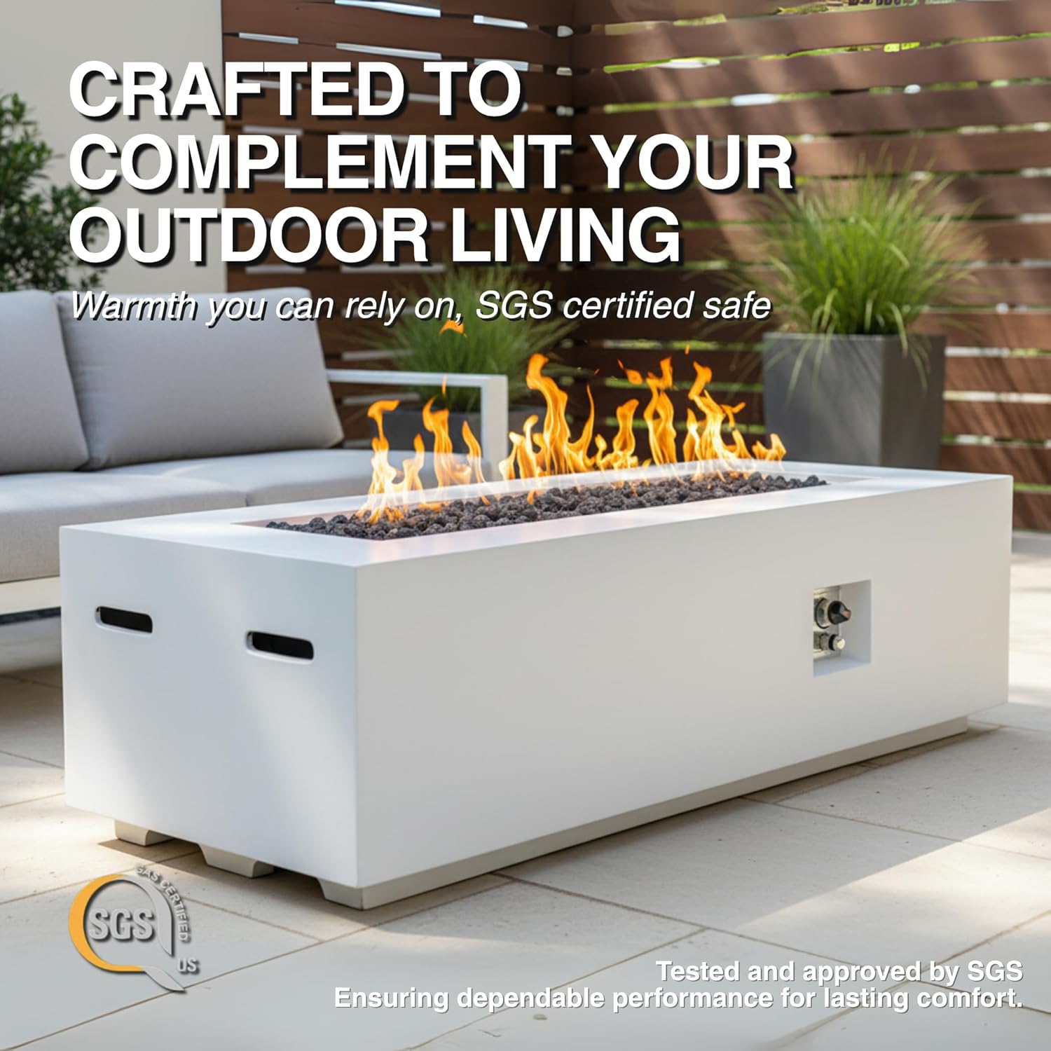 60-Inch Outdoor Gas Propane Fire Pit Table with Propane Tank Cover,Set-2-Piece,60,000 BTU Concrete Fire Pit with Free Rain Cover, Tank Seat, Lava Rocks, for Outside Patio Backyard,White